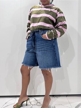 BDG Mid-Length Frayed Hem Denim Bermuda Shorts - Blue